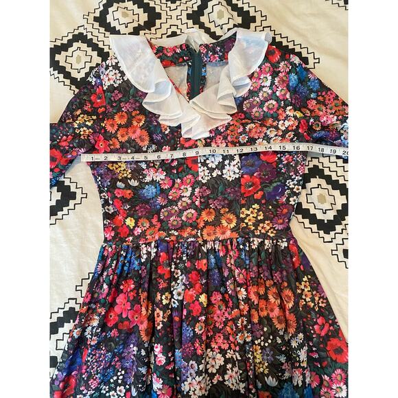 Vintage 70s Handmade Floral Long Ruffled 3/4 sleeve Dress w/ bustle - Picture 9 of 12